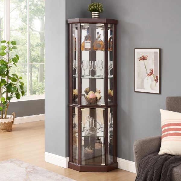 Corner Lighted Glass Curio Cabinet C Corner Display Case for Living Room, Ideal for Antique Collections, Wine & Bar Glass Storage (Light Included)
