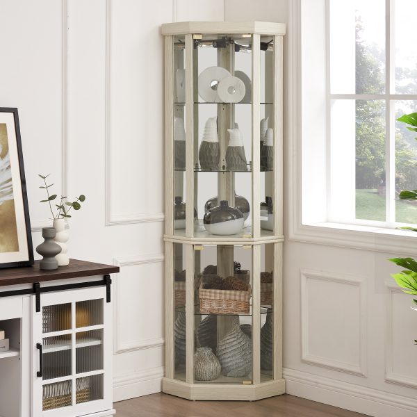 Corner Lighted Glass Curio Cabinet  Display Case for Living Room, Ideal for Antiques, Wine & Bar Glass Storage, Built-in Light Included