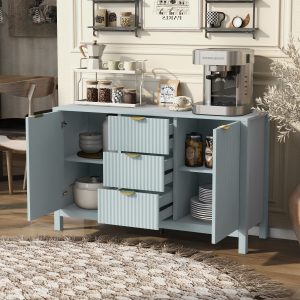 Wave Design Sideboard with 3 Adjustable Shelves, 3 Drawers and Soft-Close Doors. This storage console table features metal handles, is ideal for study, hallway and living room use, and comes in 3 colors.