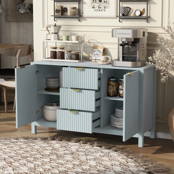 Wave Design Sideboard with 3 Adjustable Shelves, 3 Drawers and Soft-Close Doors. This storage console table features metal handles, is ideal for study, hallway and living room use, and comes in 3 colors.