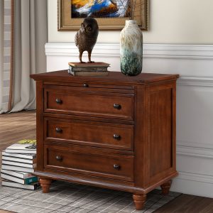 1-20.jpg 27.6'' Nightstand with Pine Wood Veneer, Modern Bedside Cabinet with 3 Drawers & Pull-Out Tray, Minimalist Side Table with Rubber Feet & Metal Handles for Bedroom, Living Room, Sofa Couch & Office