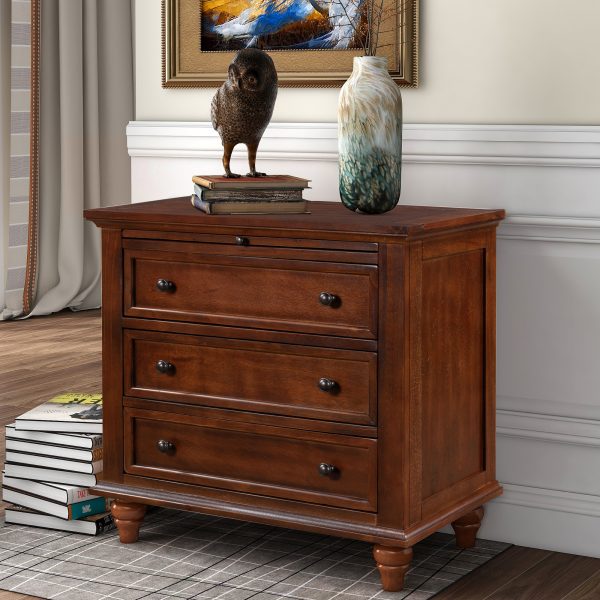 27.6'' Nightstand with Pine Wood Veneer, Modern Bedside Cabinet with 3 Drawers & Pull-Out Tray, Minimalist Side Table with Rubber Feet & Metal Handles for Bedroom, Living Room, Sofa Couch & Office