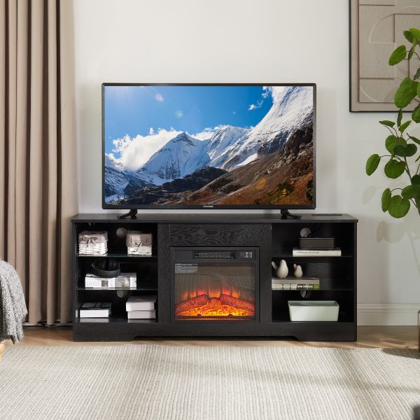 Electric Fireplace TV Stand with 3D Flame, LED Lights, Glass Shelves & USB Charging, Modern Wooden Media Center