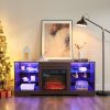 Modern Wooden TV Stand with 3D Electric Fireplace, LED Lights, Glass Shelves & USB Charging Outlet, Entertainment Console for TVs