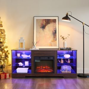 Modern Wooden TV Stand with 3D Electric Fireplace, LED Lights, Glass Shelves & USB Charging Outlet, Entertainment Console for TVs