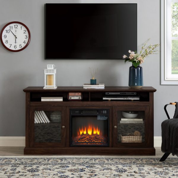 Modern Media Console with 18" Fireplace Insert, Contemporary TV Stand for TVs Up to 65" with Open & Closed Storage
