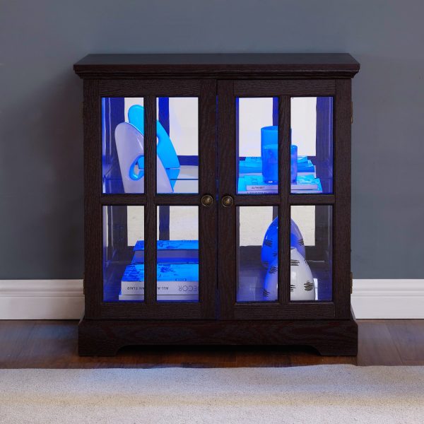 1-206.jpg LED Lighted Curio Display Cabinet with Lattice Doors, Retro Style Storage Bookcase with Adjustable Shelves, Elegant Antique Showcase for Home Decoration & Organization