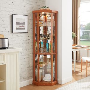 Lighted Corner Curio Cabinet, Glass Display Case with Included Light for Living Room C Perfect for Antique Collections, Wine & Bar Glass Storage