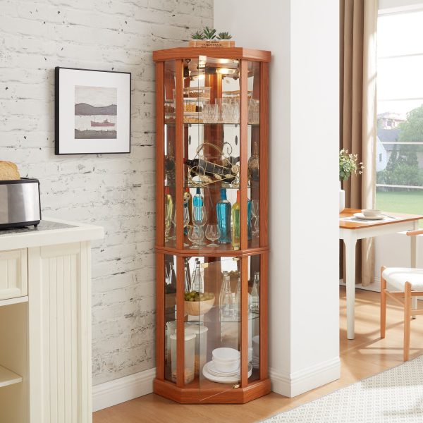 1-208.jpg Lighted Corner Curio Cabinet, Glass Display Case with Included Light for Living Room C Perfect for Antique Collections, Wine & Bar Glass Storage