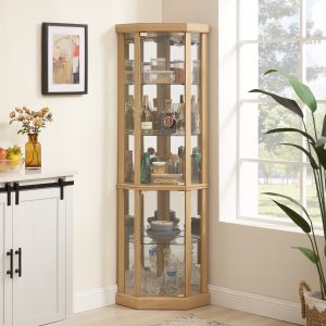 Lighted Corner Glass Curio Cabinet with Built-in Light, Corner Display Case for Living Room Ideal for Antiques, Wine and Bar Glass Storage