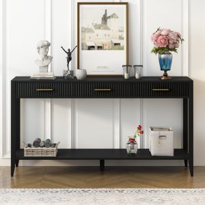 60" Black Painted Console Table with 3 Drawers & Storage Shelf, Farmhouse Wooden Entryway Sofa Table for Living Room, Hallway, Entryway, Foyer & Corridor