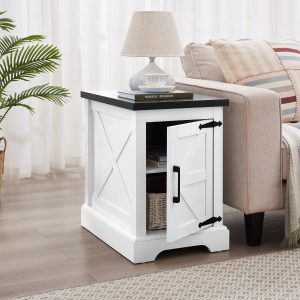 Rustic Farmhouse Rectangular End Table & Nightstand with Barn Door & Adjustable Storage Shelf, Versatile Side Table for Living Room and Bedroom