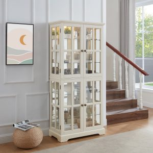 Vintage Curio Display Cabinet with Glass Doors, Adjustable Shelves & Four-Door Design C Ideal for Collectibles, Home & Office Antique Showcase (E26 Bulb Included, White)