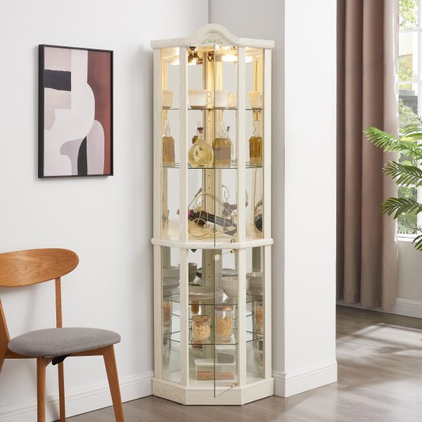 1-214.jpg Lighted Corner Glass Curio Cabinet, Wine & Bar Display Cabinet with Adjustable Glass Shelves & Carved Decor (Light Included)