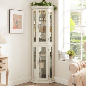 Lighted Corner Curio Cabinet with Tempered Glass Doors & Adjustable Shelves, Includes Bead Bulb C Perfect Home Bar Cabinet & Decorative Display Piece