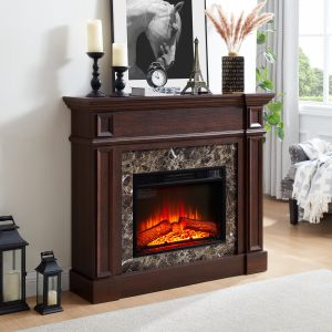 1-216.jpg Freestanding Electric Fireplace with Mantel & Realistic Stacked Stone Surround, Fireplace Heater with LED Flame, Remote Control & Timer