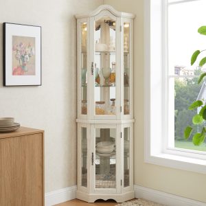Lighted Glass Curio Cabinet with Tempered Glass Doors & Shelves, Crown-Style Corner Display Cabinet with Bulb Included C Decorative Corner Storage for Living Room & Bedroom