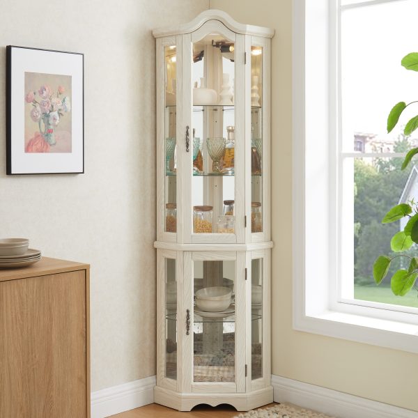 Lighted Glass Curio Cabinet with Tempered Glass Doors & Shelves, Crown-Style Corner Display Cabinet with Bulb Included C Decorative Corner Storage for Living Room & Bedroom
