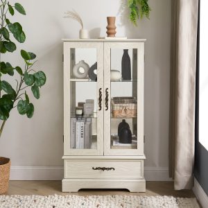 Lighted Glass Curio Display Cabinet with Adjustable Glass Shelves, 2 Doors & 1 Drawer, Bulb Included