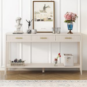 60" Beige Painted Console Table with 3 Drawers & Storage Shelf, Farmhouse Wooden Entryway Sofa Table for Living Room, Hallway, Entryway, Foyer and Corridor