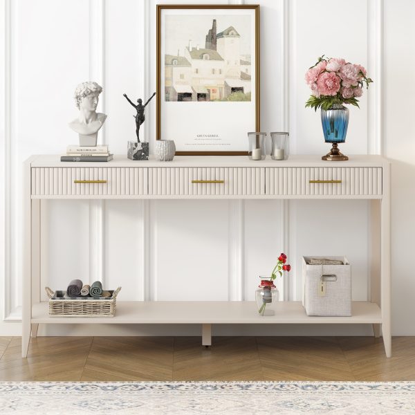 60" Beige Painted Console Table with 3 Drawers & Storage Shelf, Farmhouse Wooden Entryway Sofa Table for Living Room, Hallway, Entryway, Foyer and Corridor
