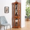 Lighted Corner Glass Curio Cabinet with Tempered Glass Doors & Shelves, Crown?Style Display Cabinet with Built?in Bulb, Decorative Corner Storage for Living Room & Bedroom