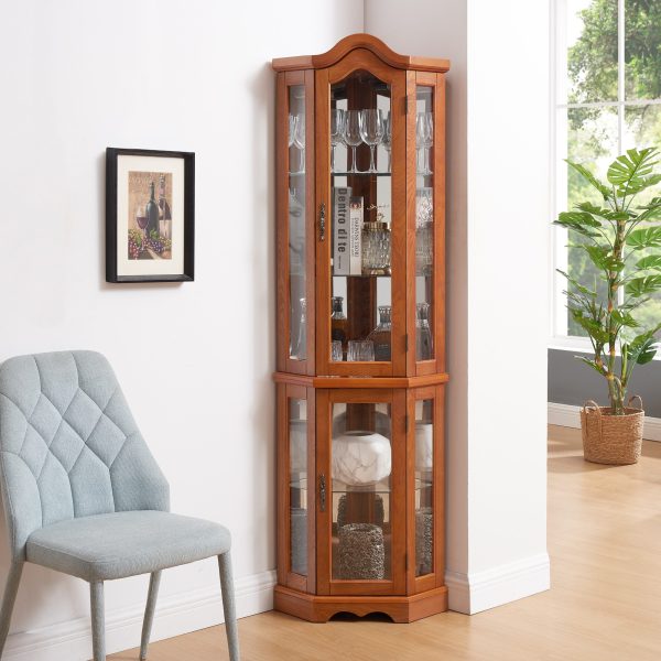Lighted Corner Glass Curio Cabinet with Tempered Glass Doors & Shelves, Crown?Style Display Cabinet with Built?in Bulb, Decorative Corner Storage for Living Room & Bedroom