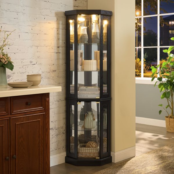1-224.jpg Lighted Corner Curio Cabinet C Elegant Display Case for Living Room, Ideal for Antique Collectibles, Wine & Bar Glass Storage
