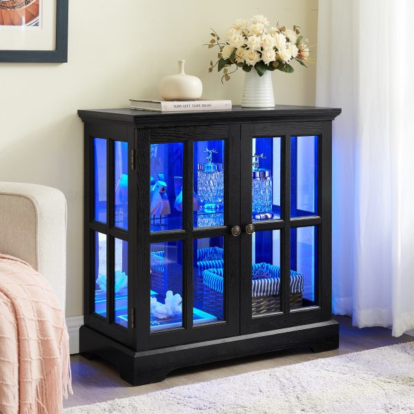 1-225.jpg LED Curio Display Cabinet, Antique-Style Showcase with Adjustable Shelves, Retro Design with Lattice Doors, Elegant Bookcase & Storage Cabinet for Home Decoration & Organization