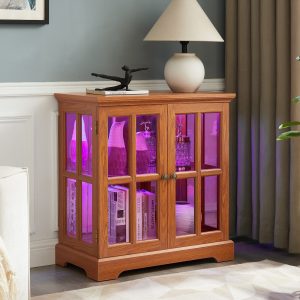 LED Curio Display Cabinet, Retro Antique Display Case with Adjustable Shelves & Lattice Doors, Elegant Bookcase & Storage Cabinet for Home Decoration and Organization