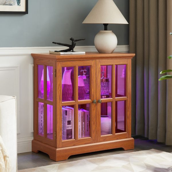 1-229.jpg LED Curio Display Cabinet, Retro Antique Display Case with Adjustable Shelves & Lattice Doors, Elegant Bookcase & Storage Cabinet for Home Decoration and Organization