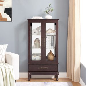 Lighted Glass Curio Cabinet with Adjustable Glass Shelves, 2 Doors & 1 Drawer, Multifunctional Display/Wine Storage Cabinet, Sideboard with Included Bulb