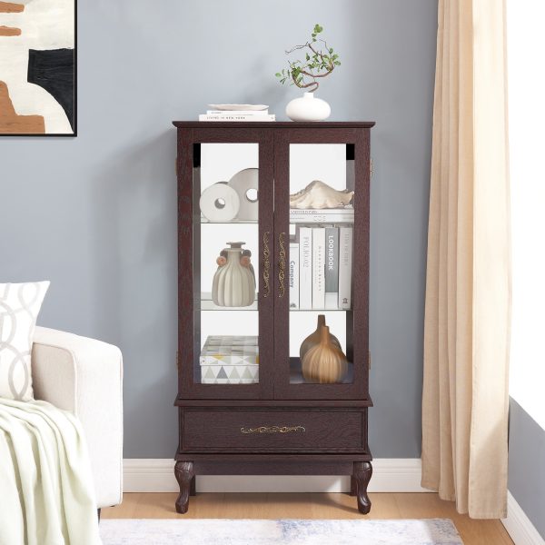Lighted Glass Curio Cabinet with Adjustable Glass Shelves, 2 Doors & 1 Drawer, Multifunctional Display/Wine Storage Cabinet, Sideboard with Included Bulb