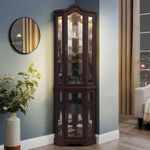 Lighted Corner Curio Cabinet with Tempered Glass Doors & Shelves, Elegant Dark Oak Finish Display & Storage Cabinet for Living Room & Bedroom Decor
