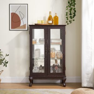 1-234.jpg 2-Door Curio Display Cabinet with Tempered Glass Doors, Mirrored Back Panel & Adjustable Shelves, Lighted Showcase with Bulb Included for Home & Office