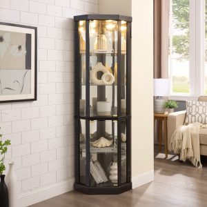 Lighted Corner Curio Cabinet, Elegant Glass Display Case for Living Room & Bar Storage, Ideal for Antique Collections and Wine Display with Built-in Lighting