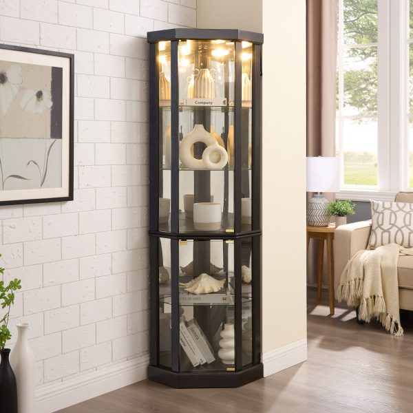 1-235.jpg Lighted Corner Curio Cabinet, Elegant Glass Display Case for Living Room & Bar Storage, Ideal for Antique Collections and Wine Display with Built-in Lighting