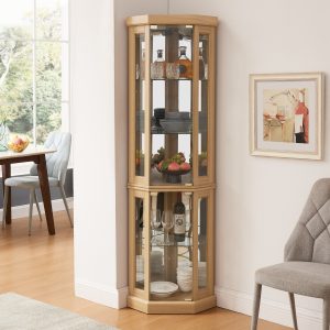 Lighted Corner Glass Curio Cabinet, Corner Display Case for Living Room, Ideal for Antique Collections, Wine and Bar Glass Storage with Light Included