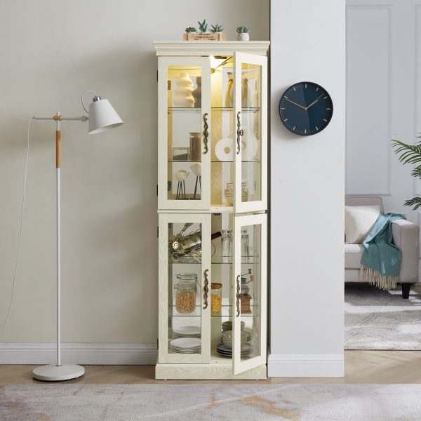 Lighted Glass Curio Display Cabinet with Wooden Frame, Multifunctional Glass Storage & Wine Cabinet, Ideal for Toy & Antique Display in Living Room, Kitchen and Pantry, Light Bulb Included