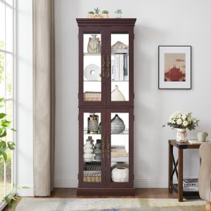 Lighted Glass Curio Display Cabinet with Wooden Frame, Multifunctional Glass Storage & Wine Cabinet, Ideal for Toy Display in Living Room, Kitchen and Pantry (Light Bulb Included)