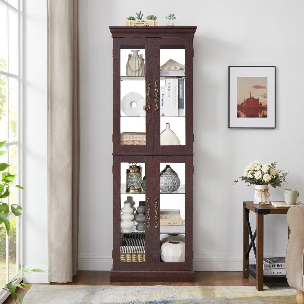Lighted Glass Curio Display Cabinet with Wooden Frame, Multifunctional Glass Storage & Wine Cabinet, Ideal for Toy Display in Living Room, Kitchen and Pantry (Light Bulb Included)