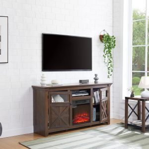 1-239.jpg 2-Door Farmhouse Cabinet & TV Media Stand, Barn-Inspired Home Entertainment Console with 18" Fireplace Insert, Rustic Farmhouse TV Stand