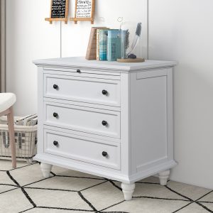 1-24.jpg 27.6'' Painted Nightstand with Pull-Out Tray & 3 Drawers, Minimalist Bedside Cabinet with Rubber Legs & Metal Handles, Suitable for Bedroom, Sofa Side & Office