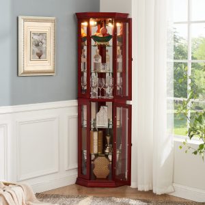 Lighted Corner Curio Display Cabinet with Tempered Glass Door & Adjustable Glass Shelves, Multi-Use Bar Storage Cabinet with Included Bead Bulb
