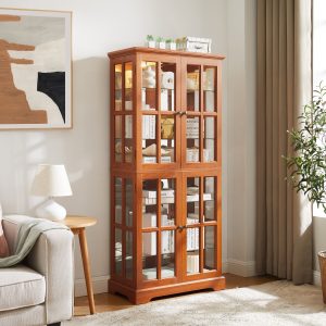 1-243.jpg Curio Display Cabinet with Glass Doors and Adjustable Shelves, 4-Door Vintage Antique Showcase for Collectibles, Ideal for Home & Office Use, E26 Bulb Included