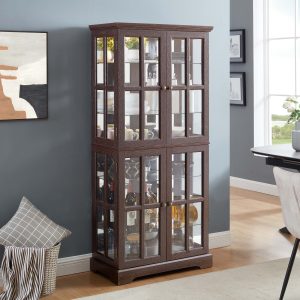 Vintage Curio Display Cabinet with 4 Glass Doors & Adjustable Shelves, Antique Style Showcase for Collectibles, Home & Office Display Case with E26 Bulb Included