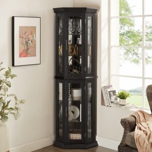 Lighted Corner Curio Cabinet with Tempered Glass Doors & Adjustable Shelving, Includes Bead Bulb, Perfect Home Bar Cabinet & Decorative Display Case