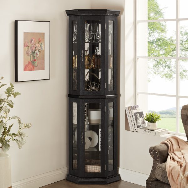 1-248.jpg Lighted Corner Curio Cabinet with Tempered Glass Doors & Adjustable Shelving, Includes Bead Bulb, Perfect Home Bar Cabinet & Decorative Display Case