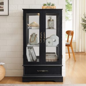 Lighted Glass Curio Cabinet with Adjustable Shelves, Elegant 2-Door Display Cabinet Featuring a Built-in Drawer, Bulb Included