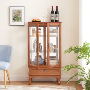 Lighted Glass Display Cabinet with 2 Doors & 1 Drawer, Adjustable Glass Shelves, Multifunctional Glass Wine Curio Cabinet, Bulb Included